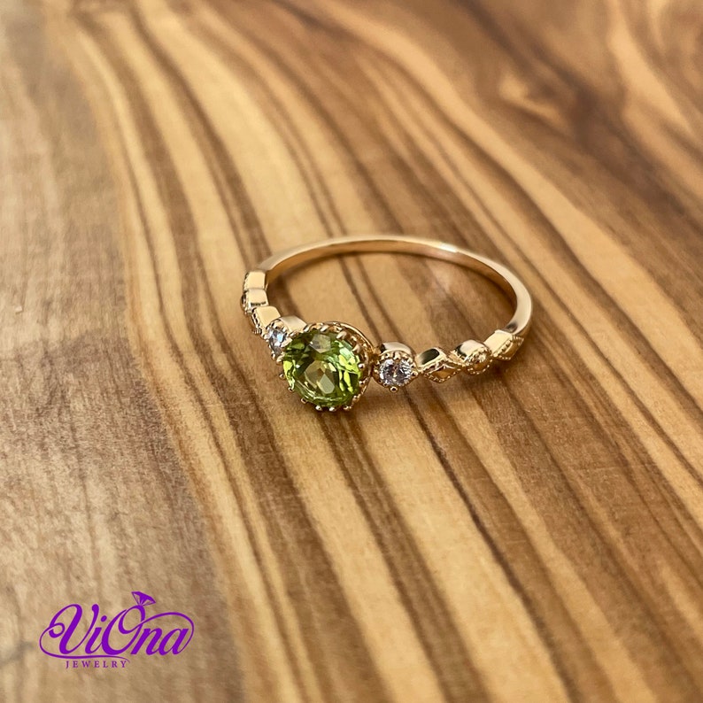 Real Peridot Ring, Round Cut in Gold Plated 925 Sterling Silver with Premium Quality Polished surface plus two CZ side stones image 8