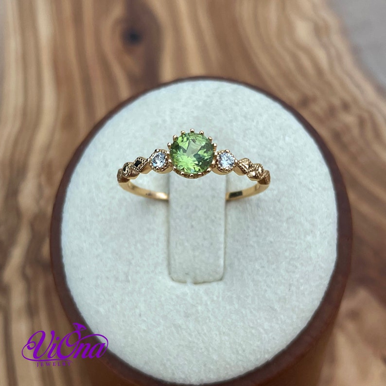 Real Peridot Ring, Round Cut in Gold Plated 925 Sterling Silver with Premium Quality Polished surface plus two CZ side stones image 2