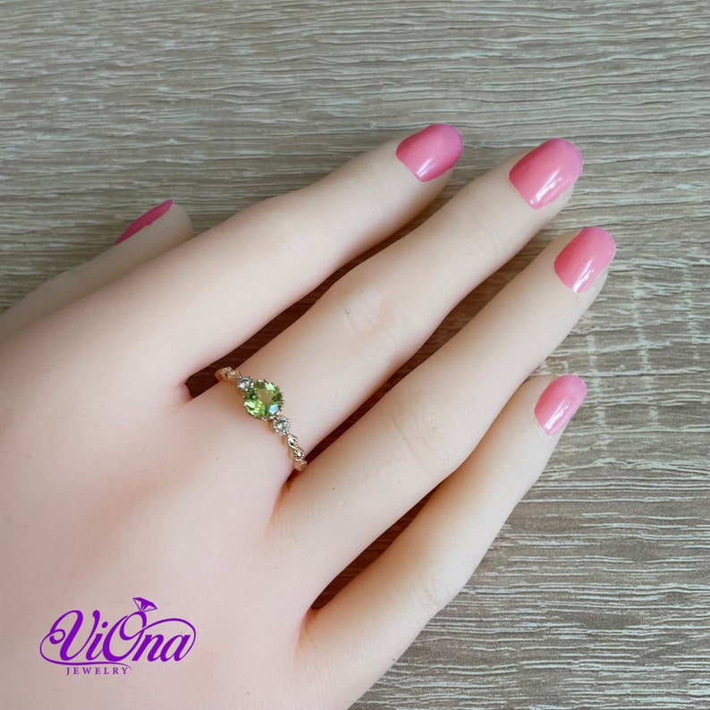 Real Peridot Ring, Round Cut in Gold Plated 925 Sterling Silver with Premium Quality Polished surface plus two CZ side stones image 10