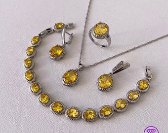 Yellow 925 Sterling Silver oval cut jewelry set, Stamped