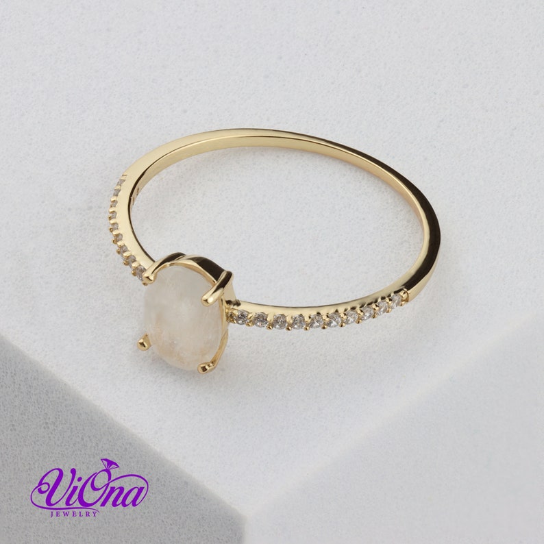 Oval Natural Moonstone Ring in Gold-Plated 925 Sterling Silver with Cubic Zirconia Accents Spiritual Bohemian Elegance image 9