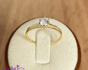 Prong Ring from Gold Plated 925 Sterling Silver with Brilliant Round Cut White Cubic Zirconia