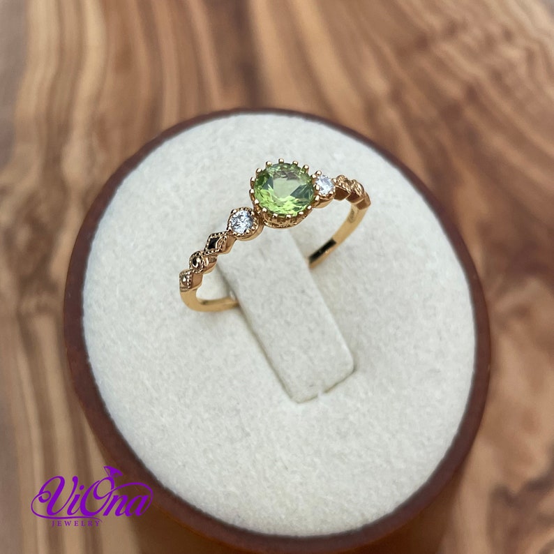 Real Peridot Ring, Round Cut in Gold Plated 925 Sterling Silver with Premium Quality Polished surface plus two CZ side stones image 5
