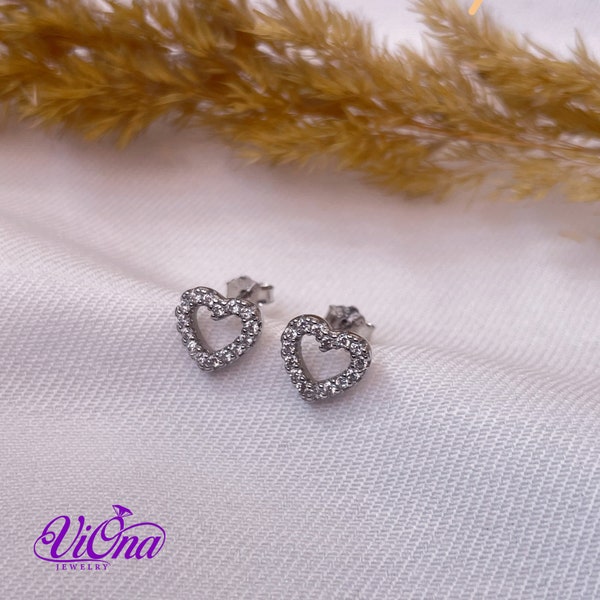 Hollow Heart Stud Earrings with Decorated CZ Stones from 925 Sterling Silver