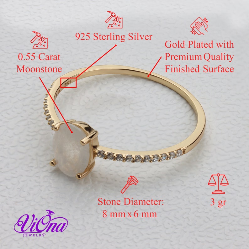 Oval Natural Moonstone Ring in Gold-Plated 925 Sterling Silver with Cubic Zirconia Accents Spiritual Bohemian Elegance image 4