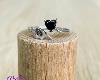 Gothic Elegance: Adjustable Ring from Pure 925 Sterling Silver with Bat Wing and Black Horned Heart