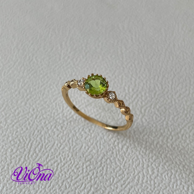 Real Peridot Ring, Round Cut in Gold Plated 925 Sterling Silver with Premium Quality Polished surface plus two CZ side stones image 7