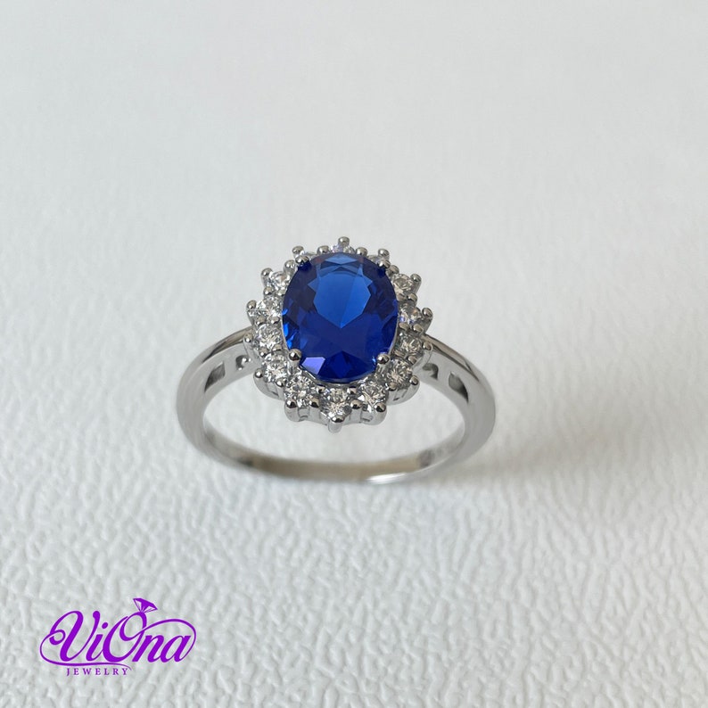 925 Sterling Silver Ring with Sapphire Blue Synth Stone, Stamped image 5