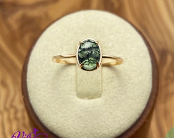 Natural Stone Green Moss Agate Ring with Polished Gold Plated 925 Sterling Silver