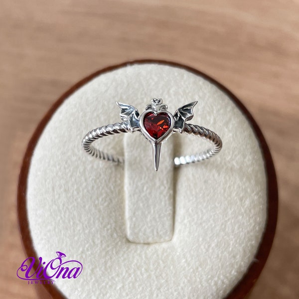 Bague diable coeur rouge en argent sterling 925 pur avec ailes