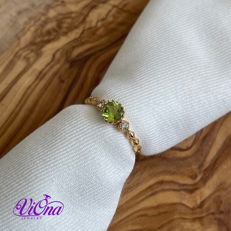 Real Peridot Ring, Round Cut in Gold Plated 925 Sterling Silver with Premium Quality Polished surface plus two CZ side stones image 9