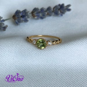 Real Peridot Ring, Round Cut in Gold Plated 925 Sterling Silver with Premium Quality Polished surface plus two CZ side stones image 3