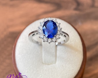 925 Sterling Silver Ring with Sapphire Blue Synth Stone, Stamped