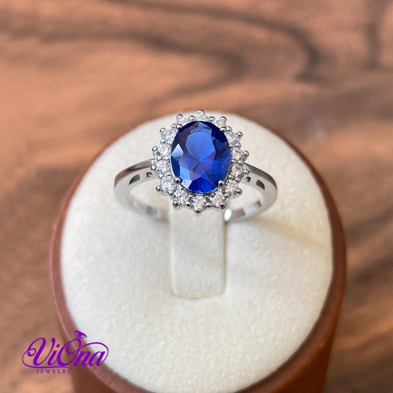 925 Sterling Silver Ring with Sapphire Blue Synth Stone, Stamped image 1