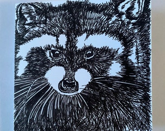 Greeting’s Card, Birthday Card, Occassion’s card, Card, Hand drawn, Unique, Animals, Monochrome, Raccoon, Raccoon art, Animal art, Drawing.