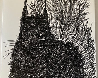 Greeting’s card, Birthday card, Occassion’s card, Card, Hand drawn, Unique, animals, monochrome, Squirrel, Squirrel art, Drawing.