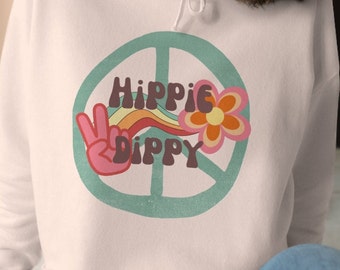 hippie dippy crop hoodie, crop hoodie for women, crop sweatshirt, flower power, 60s 70s 80s 90s vibes, peace sign, pink or black or white