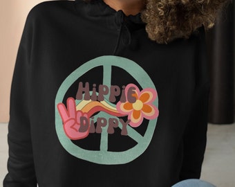 sudadera con capucha hippie dippy crop, sudadera con capucha crop para mujer, sudadera crop, flower power, vibraciones de los años 60 70 80 90, signo de la paz, rosa o negro o blanco