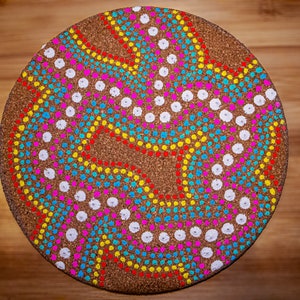 May include: A round cork coaster with a colourful dot pattern design. The pattern features white, pink, blue, yellow, and red dots arranged in a swirling pattern.