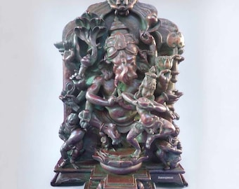 Rare Bronze Ganesha statue with straight trunk up in the air , Dancing Ganesha and Riddhi bronze statue,Ganapati Sahasrara