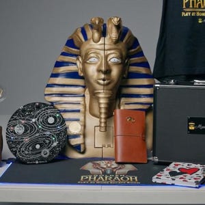 Puede incluir: Una colección de artículos temáticos, que incluyen un busto de faraón dorado y azul, una camiseta negra de manga larga con texto, un diario de cuero marrón y un orbe decorativo con temática de galaxia. También incluye un maletín y un accesorio de bomba.