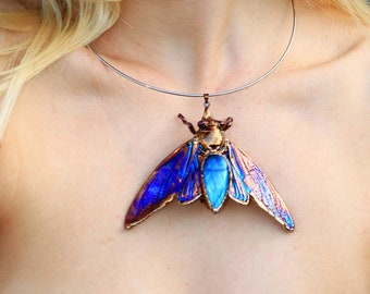 Cicada silver necklace, cicada pendant, cicada with stone, cicada with labradorites