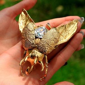 Gold beetle necklace / huge bug pendant / insect jewelry / bug necklace / Electroformed jewelry /