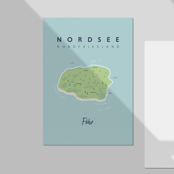 Föhr Nordsee Insel Karte als maritime Deko Gutschein Geschenk Urlaubskasse Postkarte aus Ostfriesland