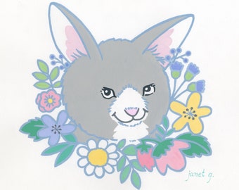 Bunny Nursery Print, Baby Animal Wall Decor, Floral Bunny Art