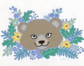 Bashful Bear Nursery Print, Woodland Animal Wall Decor