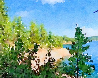 Watercolor Mountain Lake Shore Art Print, Colorado Sky Photography
