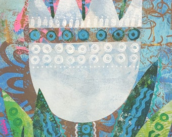 Original Floral Collage Print, Hand-Cut Paper Art, "Wendie"