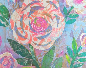 Hand Printed Floral Collage Art Print, Rosie Flower, Colorful Wall Decor