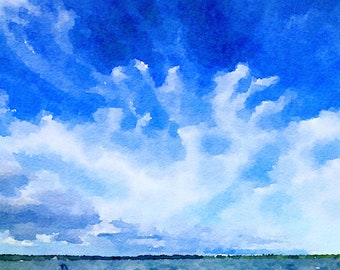 Watercolor Sky Art Print, Cloud Photography, Across Pond
