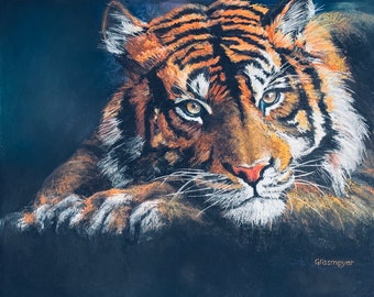 Tiger Portrait Giclee Print, Dramatic Chiaroscuro Pastel Art