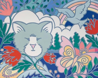 Whimsical Cat Art Print, Colorful Kitty Nursery Wall Decor