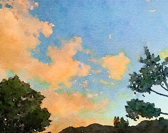 Watercolor Sky Print, Golden Cloud Photography, Evening Gold Art