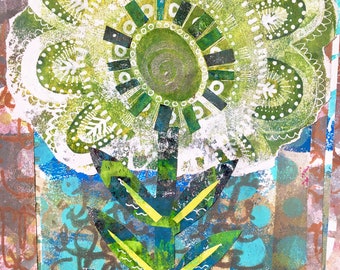 Original Floral Collage Print, Hand-Painted Paper Art