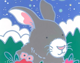 Bunny Nursery Print, Gouache Painting, Space Theme