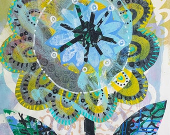 Original Floraler Kunstdruck, Collage aus handgemaltem Papier