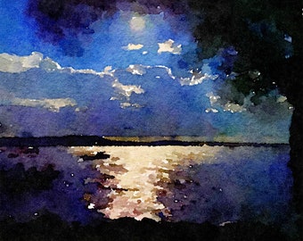 Mond am Teich, Aquarell Lake Ontario Kunstdruck