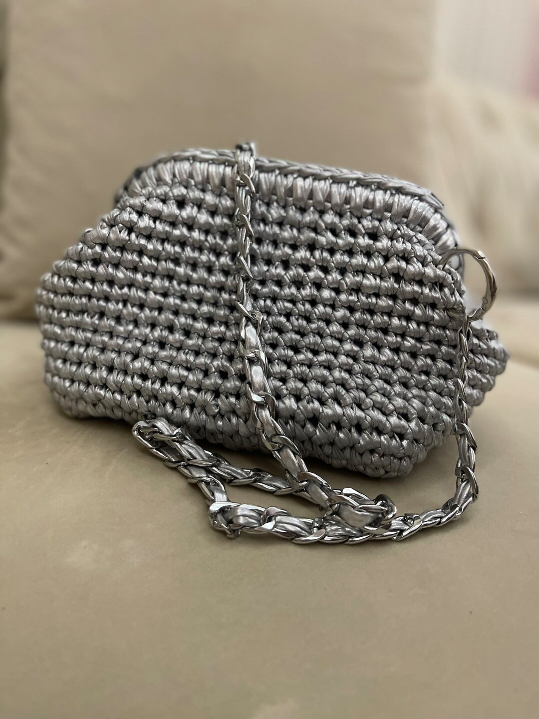 Metallic Shiny Knit Bag Shoulder Bag Handmade Knitted Bag Leather Rope