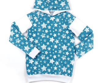 Gr. 140 Kinder Hoodie Pullover Sterne mit Kapuze Kapuzenpullover blau mit weißen Sternen unisex