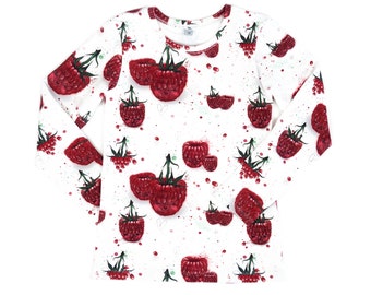 Gr. 134 Kinder Langarmshirt Pullover Himbeeren langarm weiß rot Pulli Hoodie