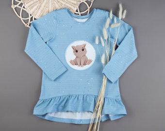 Gr. 116 Cutie Shirt Katze Tunika langarm Langarmshirt für Mädchen mit Volant blau mit Streifen