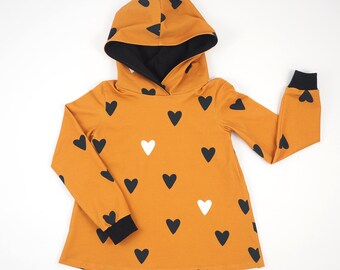 Gr. 122 Kinder Hoodie Pullover Mädchen Herzen langarm Kapuzenpullover orange schwarz weiß mit Kapuze