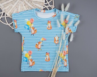 Gr. 80 Kinder Shirt kurzarm Füchse für Jungs Kurzarmshirt mit Fuchs und Streifen blau