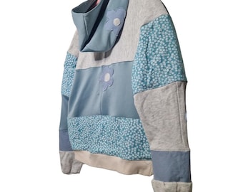 Blue Patchwork Hoodie | Handmade Upcycled Hoodie | Cozy Oversized Pullover |y2k streetwear