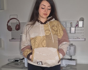 Extra Thick Patchwork Hoodie Beige & Brown | Heavyweight Cozy Hoodie | One-of-a-Kind Handmade Sweatshirt | Oversized Neutral Streetwear
