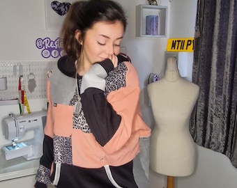One-of-a-Kind Upcycled Patchwork Hoodie | Handmade Peach, Grey & Leopard Print Hoodie | Cozy Oversized Statement Hoodie